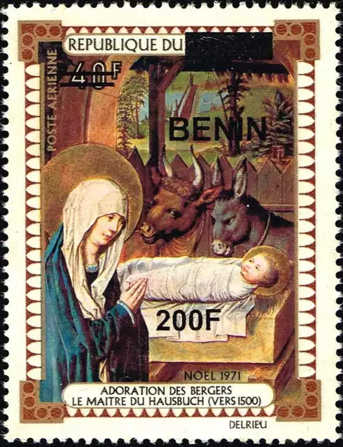 Benin 2009 Mi. 1521 surcharged Christmas Adoration Shepherds Hausbuch painting