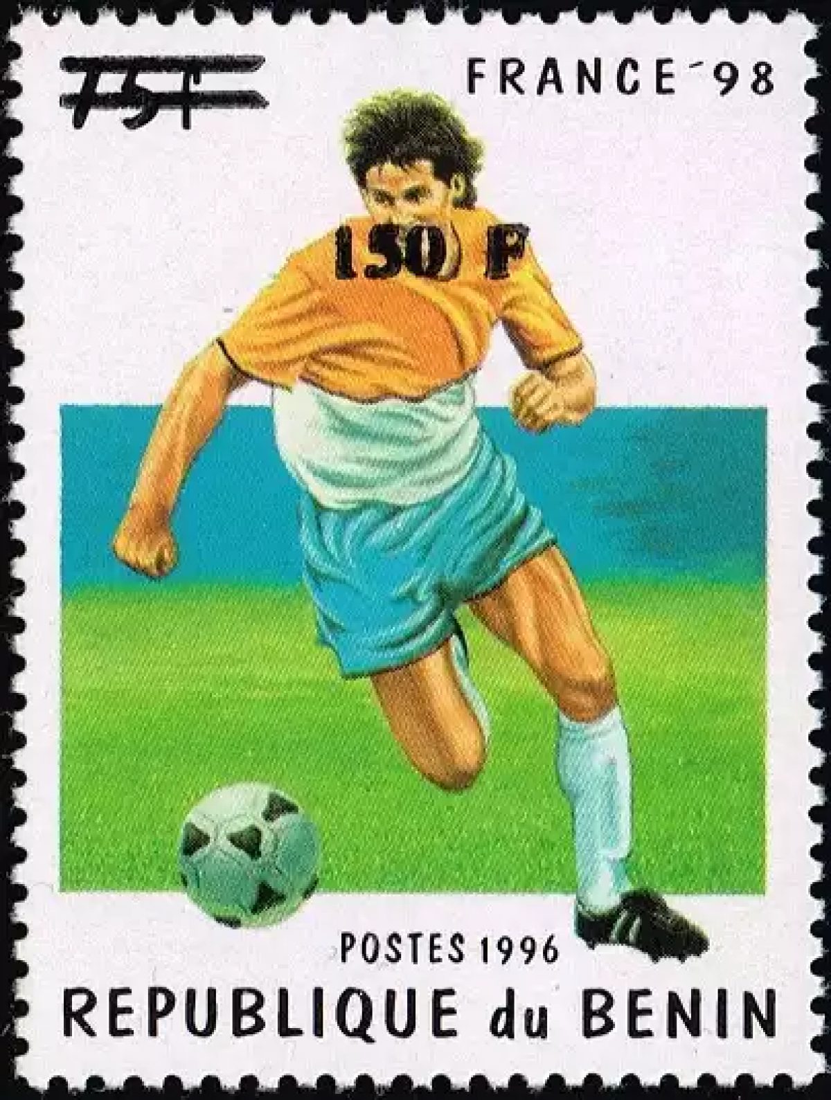 Bénin 2000 Mi. 1259 surchargé 150F sur 75F football France 98 Coupe du Monde