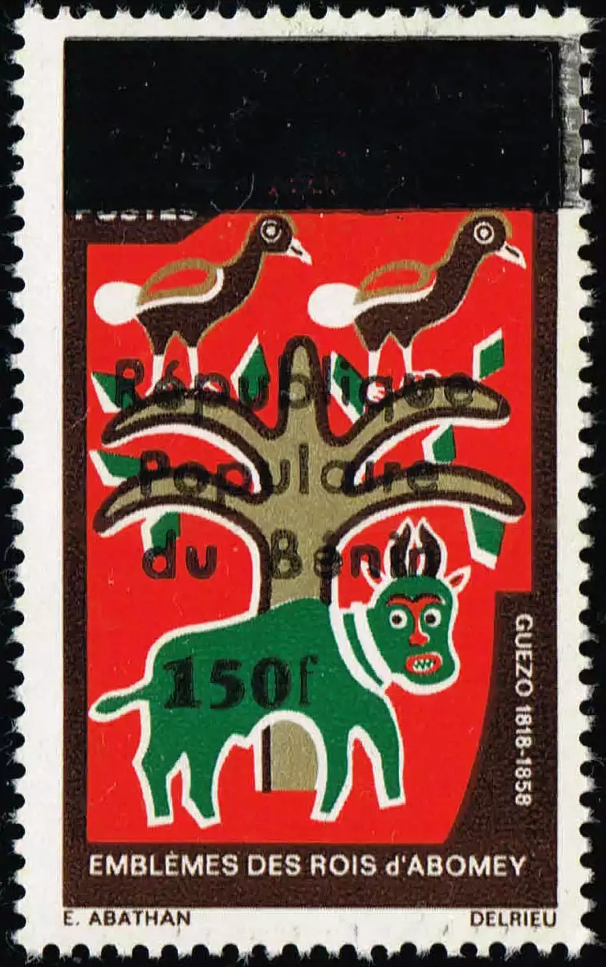 Bénin 1986 Mi. B447 surchargé emblèmes rois Abomey Guezo oiseaux