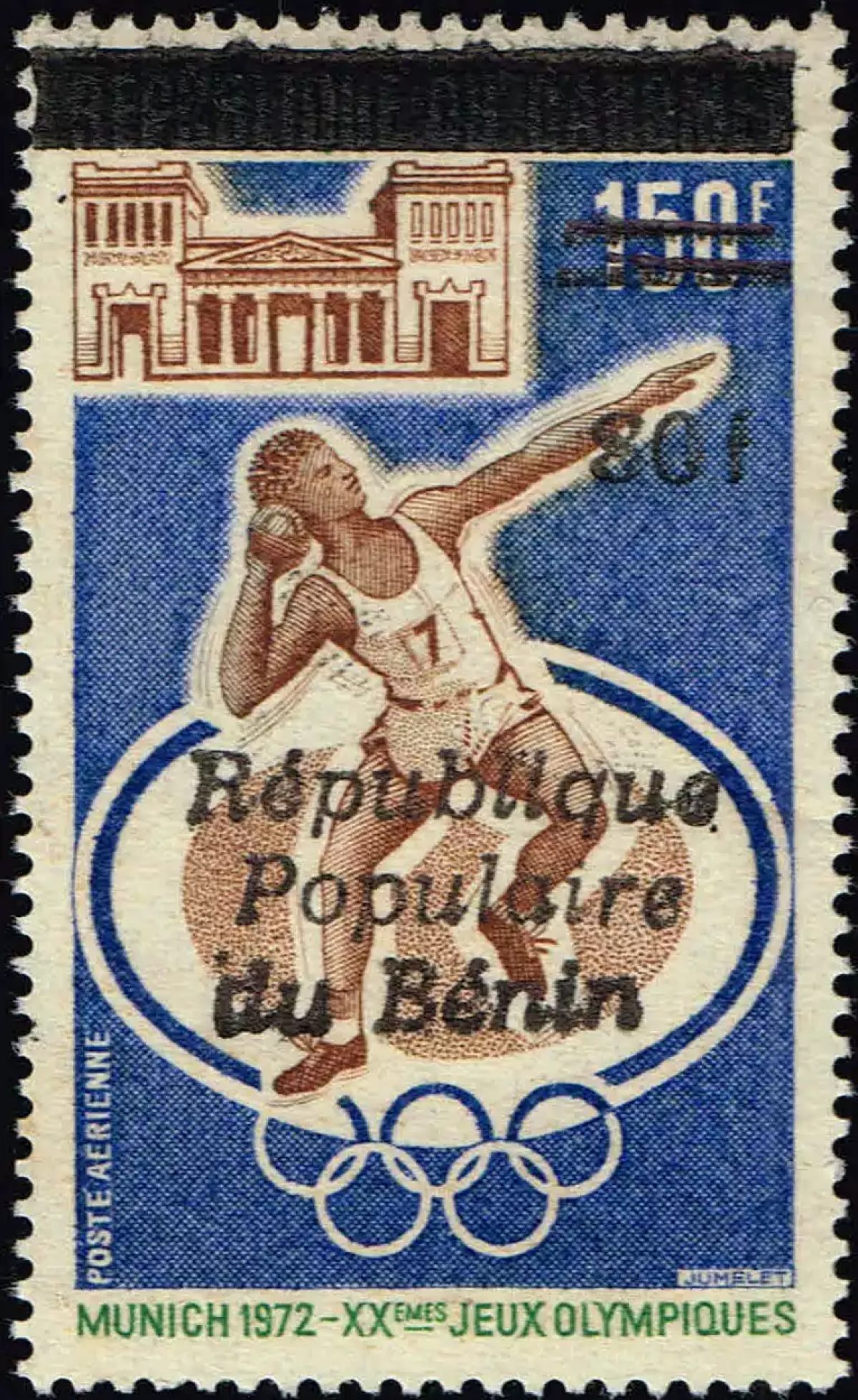 Bénin 1987 Mi. L 462 surchargé Jeux Olympiques Munich 1972 disque