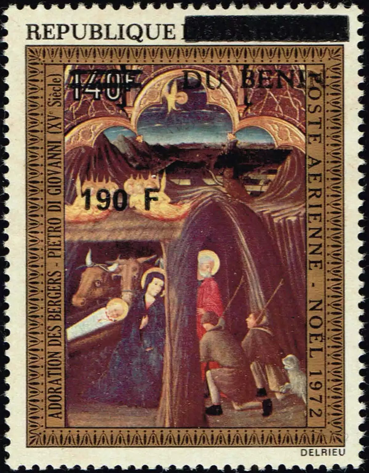 Bénin 1992 Mi. 521 surchargé Noël Adoration bergers peinture poste aérienne