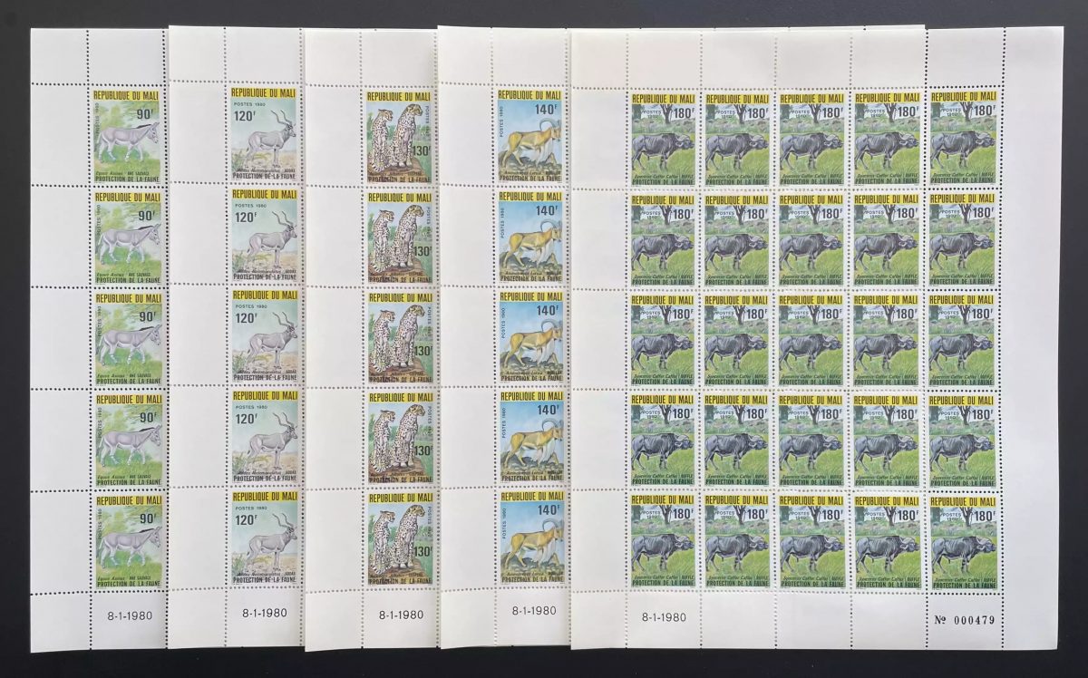 Mali 1980 YT 359-363 planche protection faune âne guépard buffle