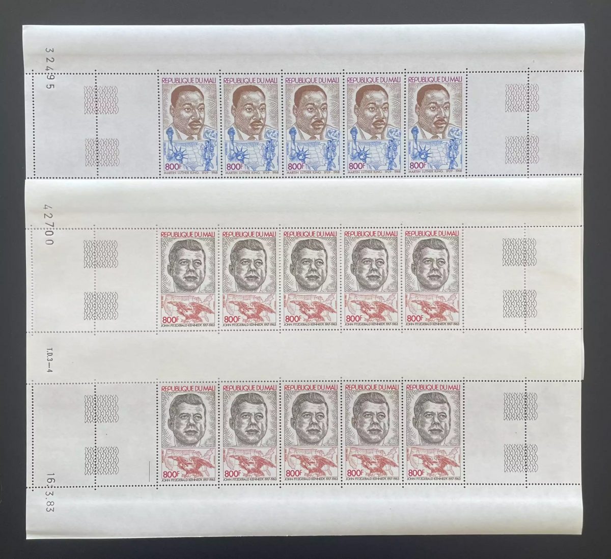 Mali 1983 YT 467-468 planche Martin Luther King Kennedy Liberté JFK