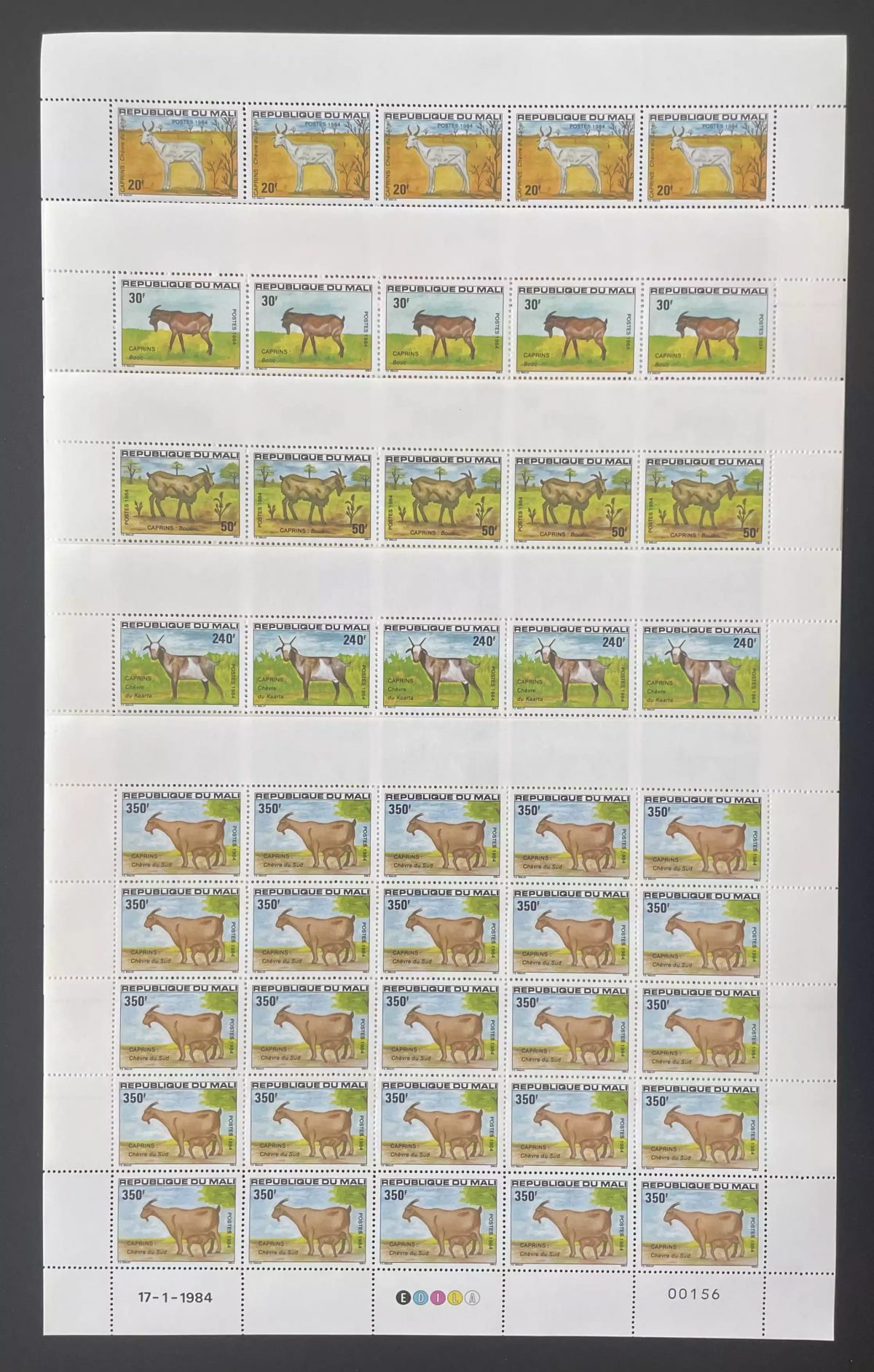 Mali 1984 YT 482-486 planche caprins chèvres bouc bétail faune animaux