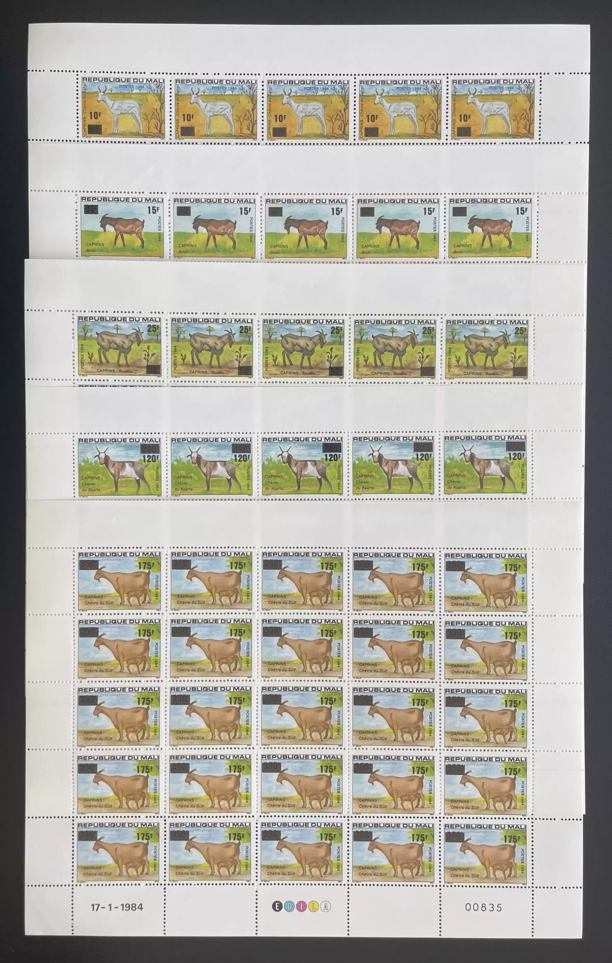 Mali 1984 YT 494-498 planche surchargé caprins chèvres bouc Kaarta faune animaux
