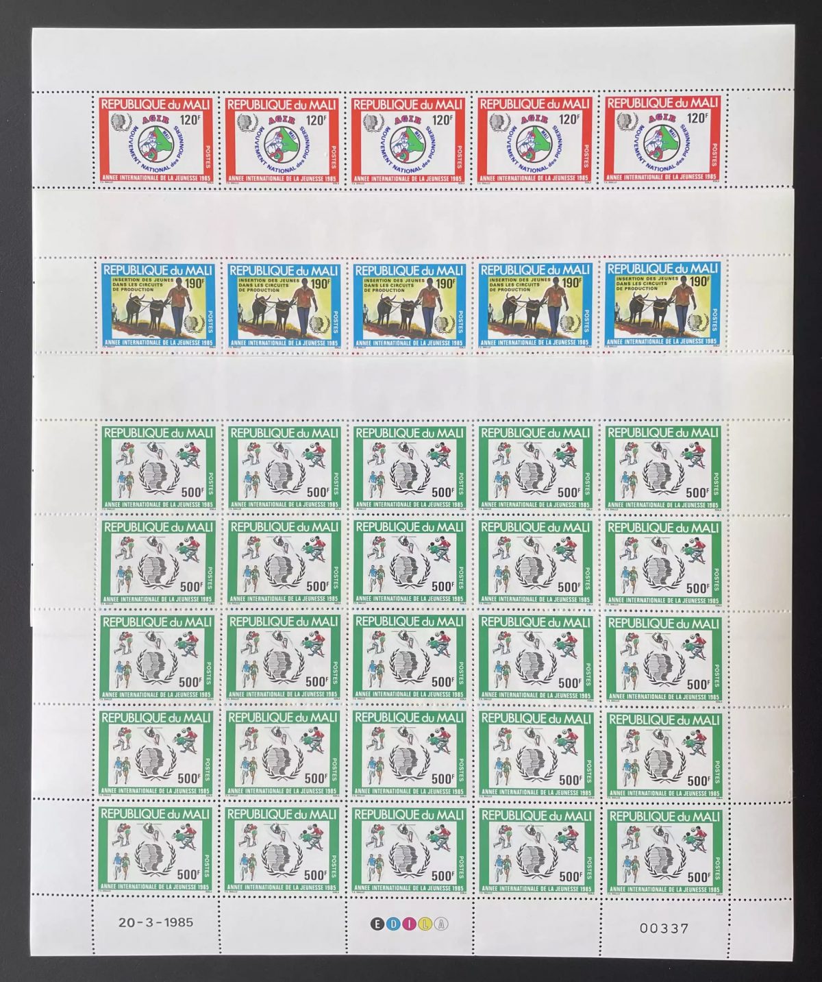 Mali 1985 YT 522-524 Bogen Internationales Jahr der Jugend Fußball