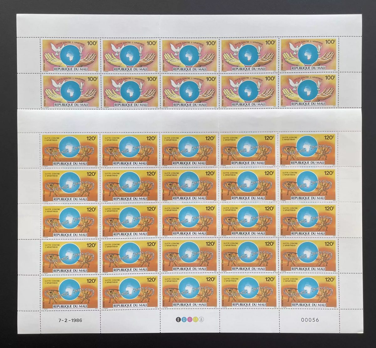 Mali 1986 YT 530-531 sheet fight against apartheid Africa dove peace