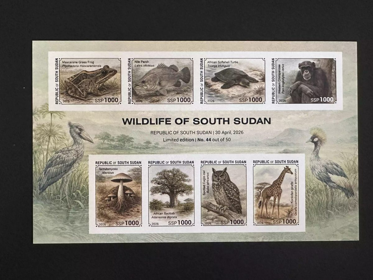Südsudan 2026 Block ND Wildtiere Frosch Schildkröte Schimpanse Giraffe Eule