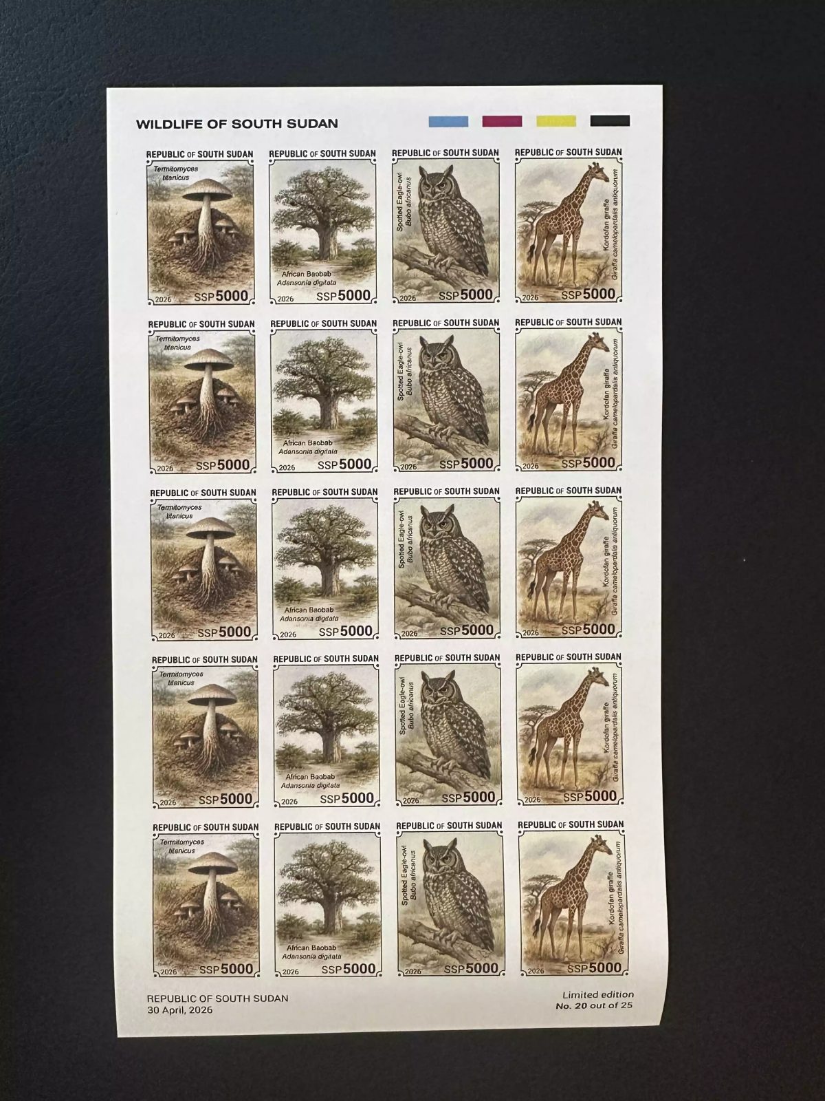 South Sudan 2026 sheet IMPERF fauna mushroom baobab owl giraffe