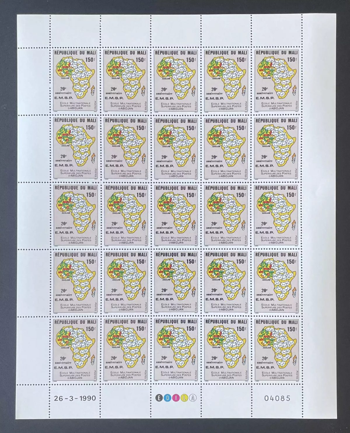 Mali 1990 YT 563 sheet 20th anniversary EMSP Abidjan Africa map
