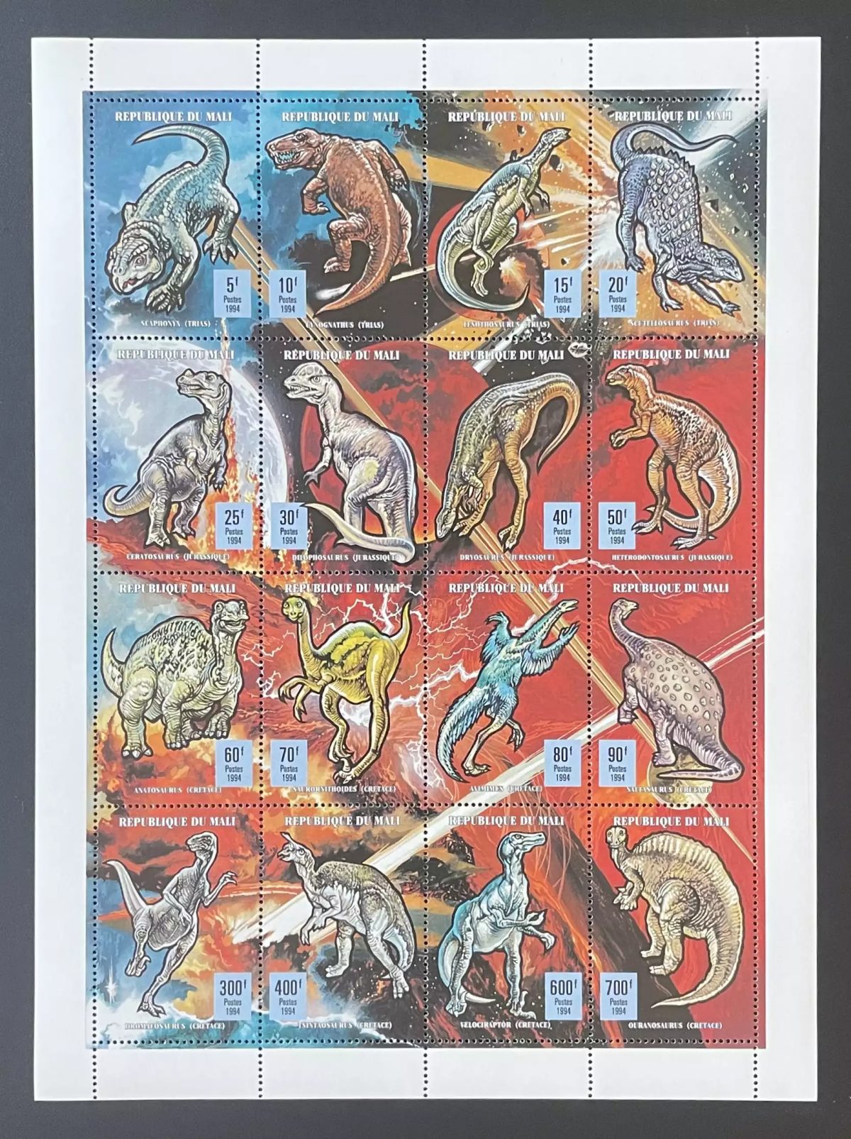 Mali 1994 YT 606-621 sheet dinosaurs prehistory Triassic Cretaceous