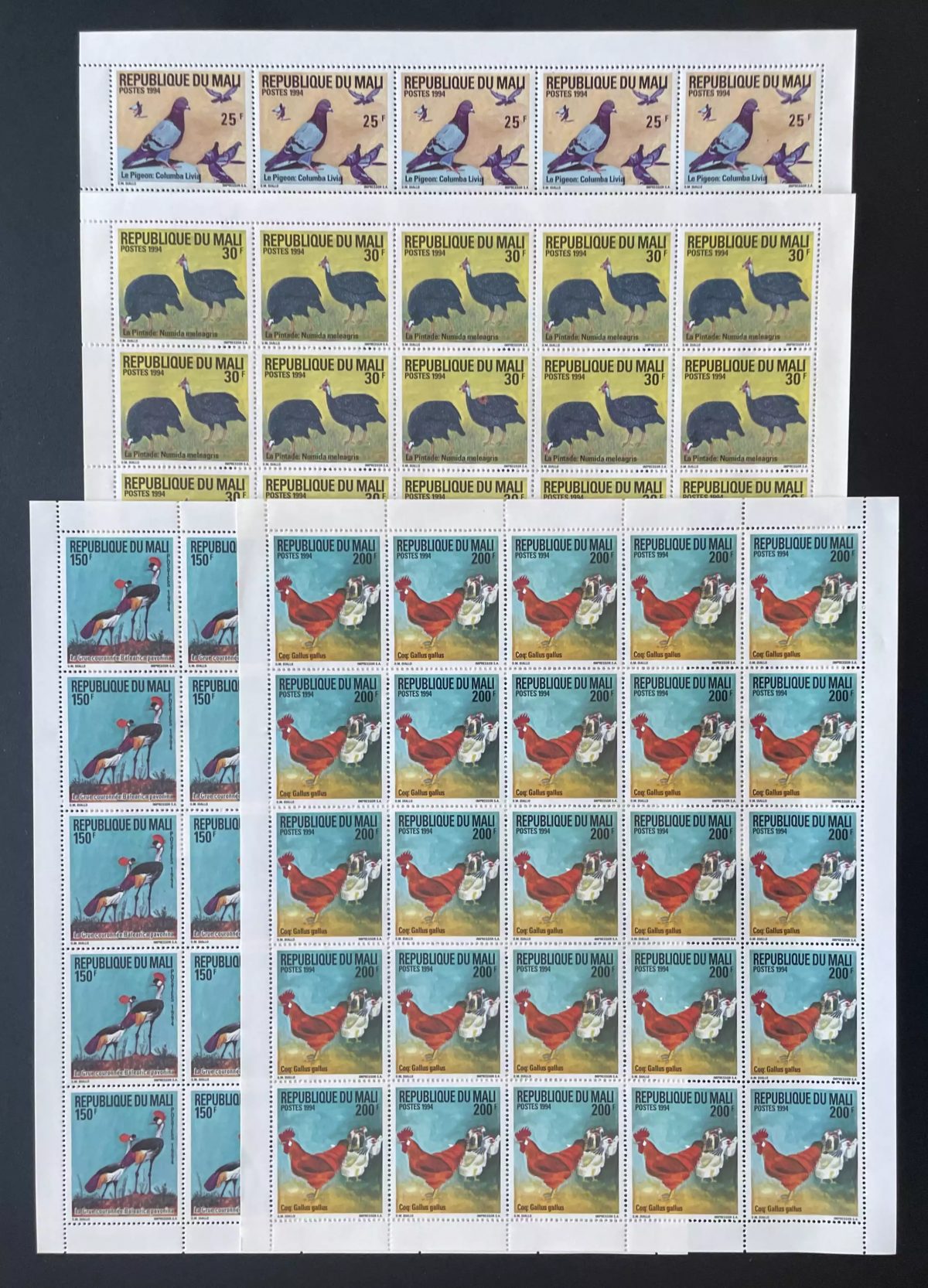 Mali 1994 YT 622-625 Bogen Taube Perlhuhn Kranich Hahn Vögel