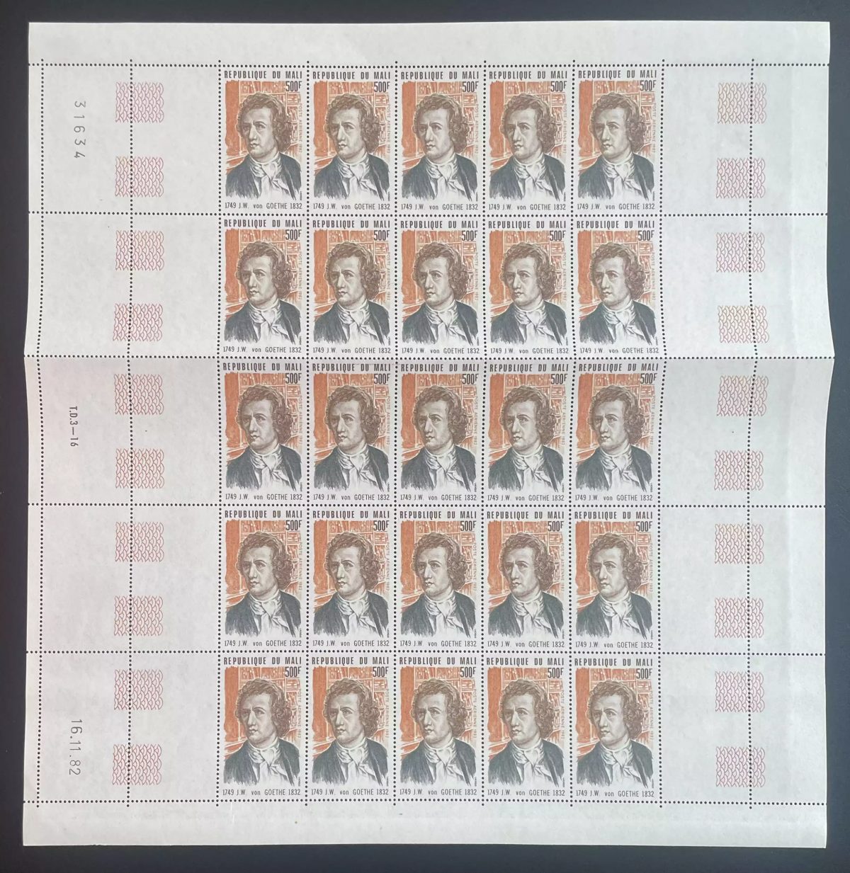 Mali 1982 YT PA 460 Bogen Goethe Schriftsteller Dichter Literatur Porträt