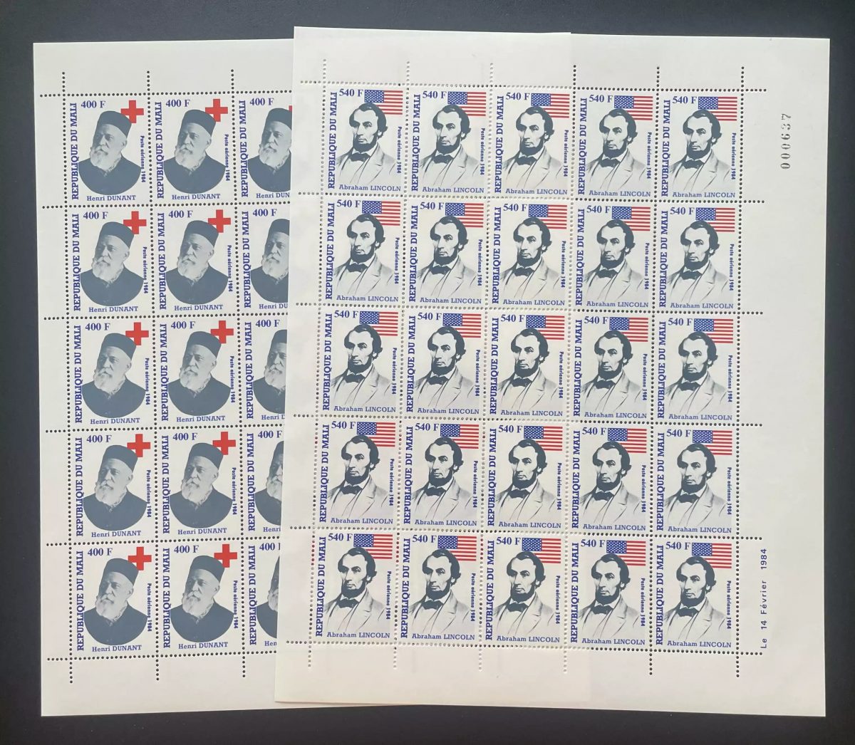 Mali 1984 YT PA 483-484 planche Henri Dunant Croix-Rouge Lincoln