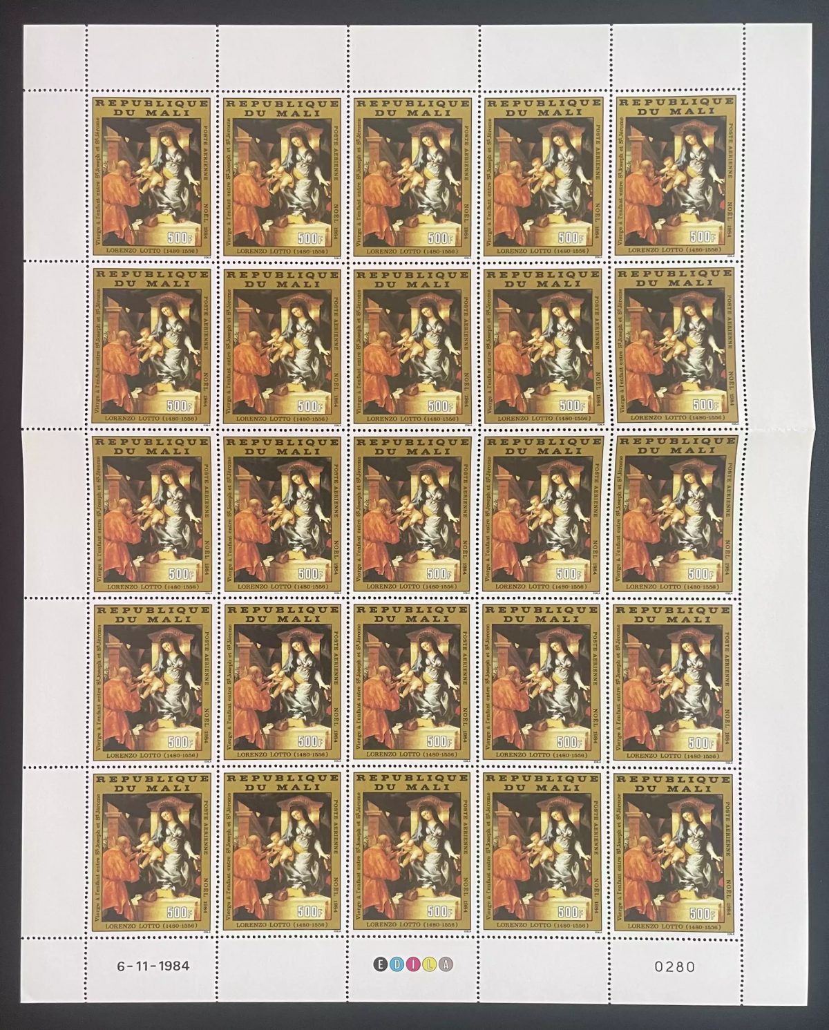 Mali 1984 YT PA 501 sheet Christmas Lorenzo Lotto Virgin painting
