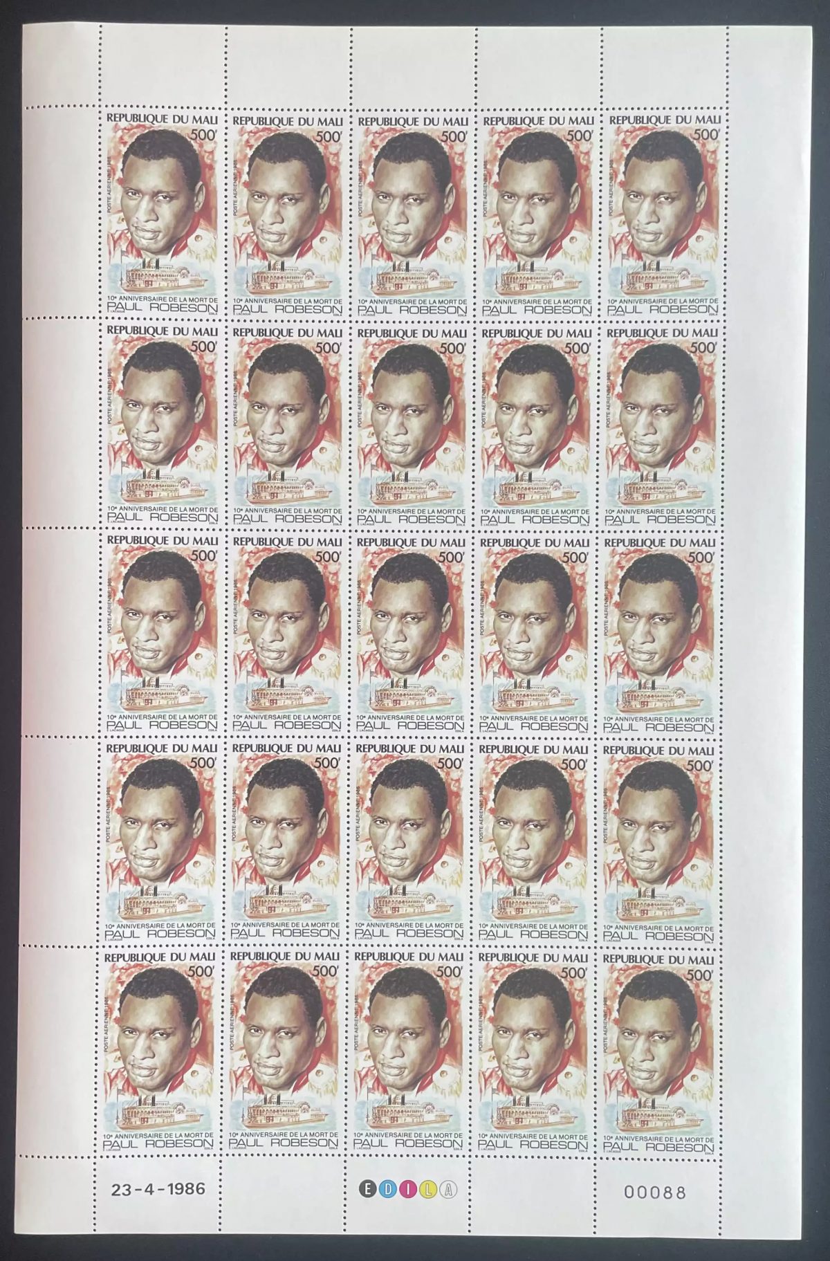 Mali 1986 YT PA 513 planche Paul Robeson anniversaire mort chanteur