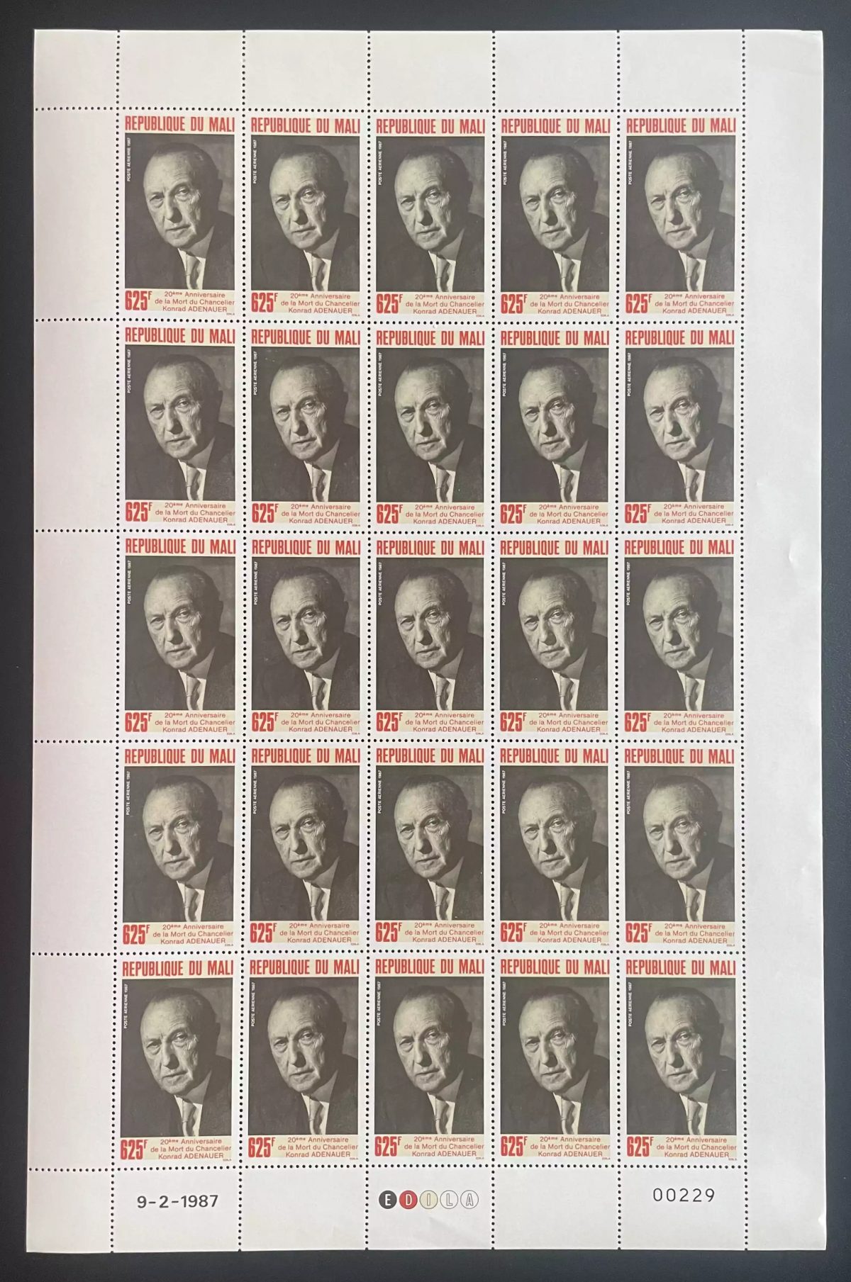 Mali 1987 YT PA 524 planche Konrad Adenauer chancelier Allemagne
