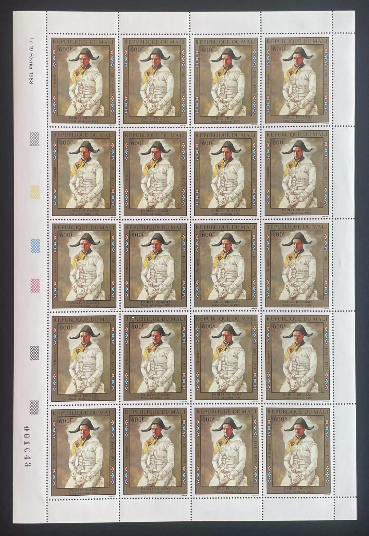 Mali 1988 YT PA 533 planche Pablo Picasso Arlequin peinture art