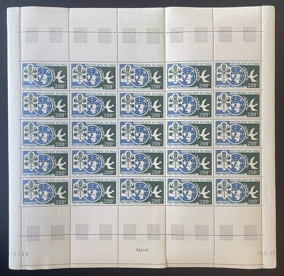 Mali 1966 YT PA 36 planche Pape Paul VI appel paix ONU colombe globe