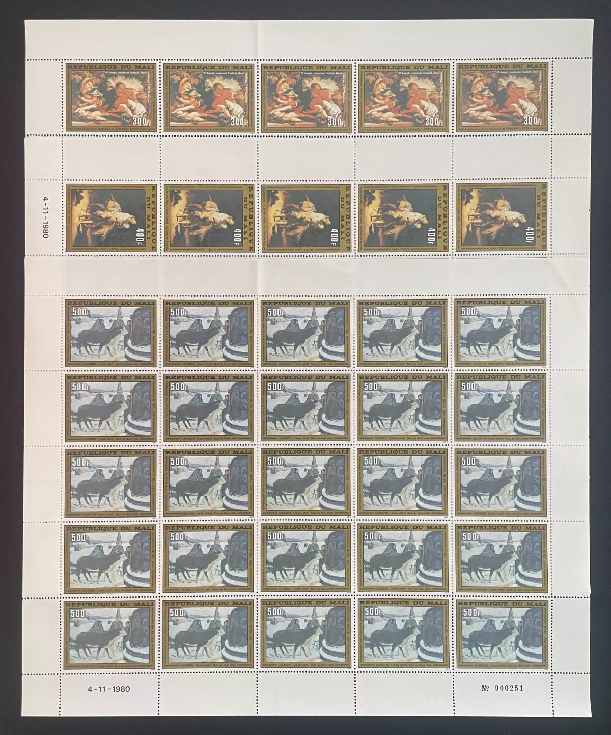 Mali 1980 YT PA 407-409 sheet Christmas painting Gauguin Rembrandt art
