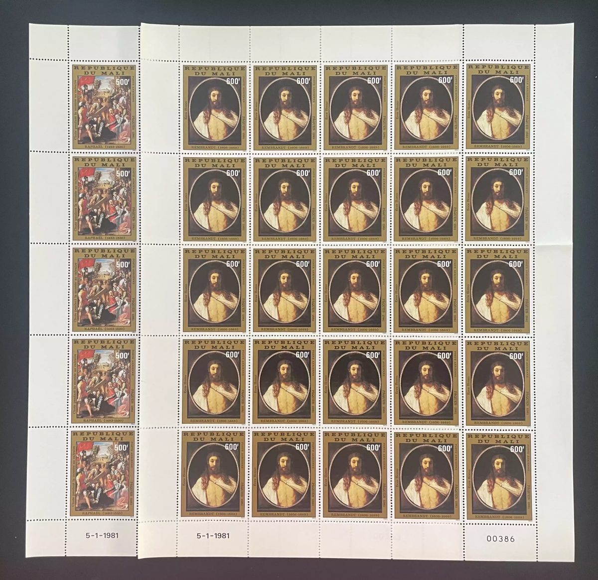 Mali 1981 YT PA 416-417 sheet Raphael Rembrandt painting Christ