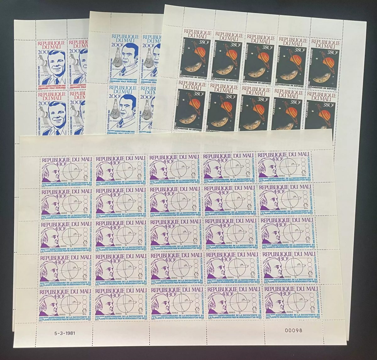 Mali 1981 YT PA 418-421 planche espace Gagarine Saturne Uranus Herschel