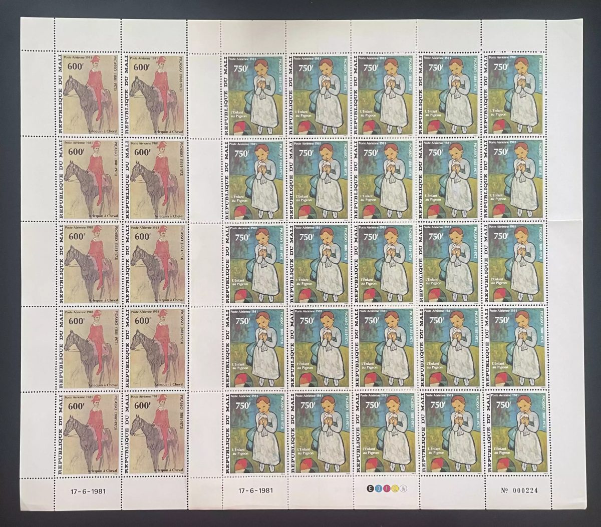 Mali 1981 YT PA 427-428 planche Picasso Arlequin Enfant Pigeon