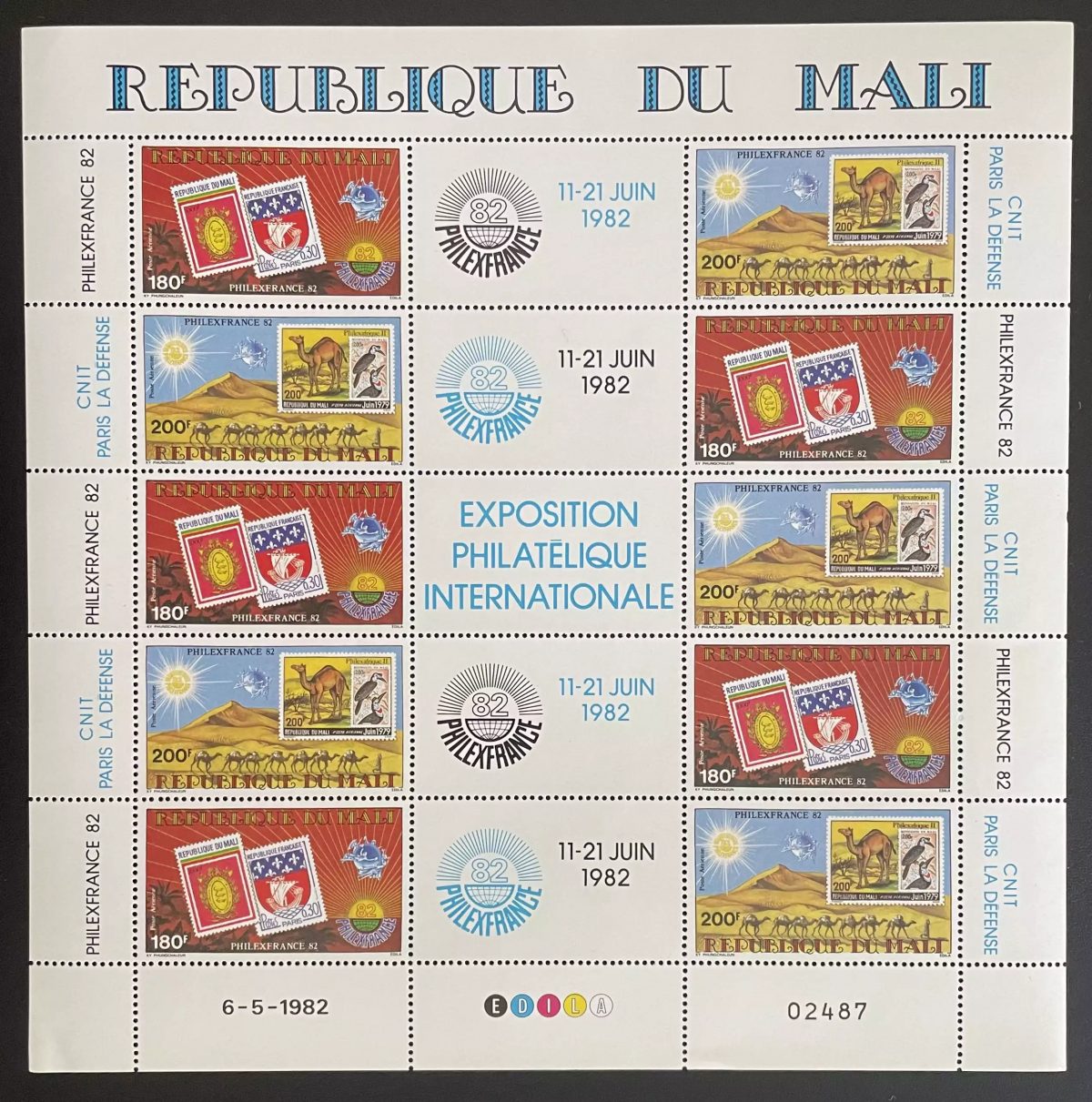 Mali 1982 YT PA 453B Bogen Philexfrance 82 Ausstellung Kamel