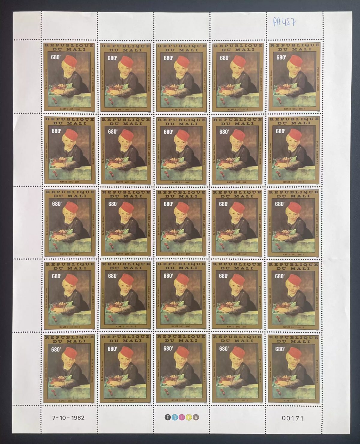 Mali 1982 YT PA 457 Bogen Manet Knabe mit Kirschen Gemälde Kunst