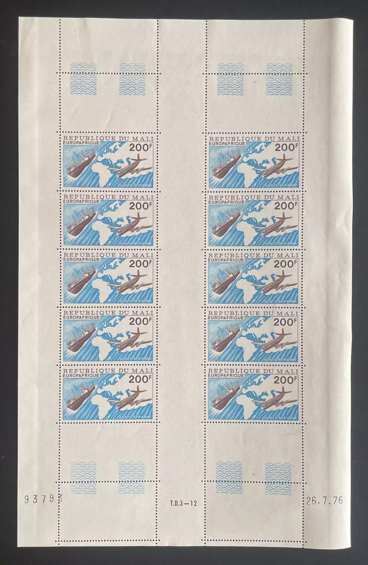Mali 1976 YT PA 285 sheet Europafrique airmail plane ship