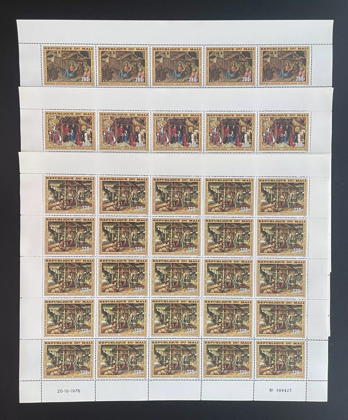 Mali 1976 YT PA 286-288 sheet Christmas Nativity painting Gaddi Memling