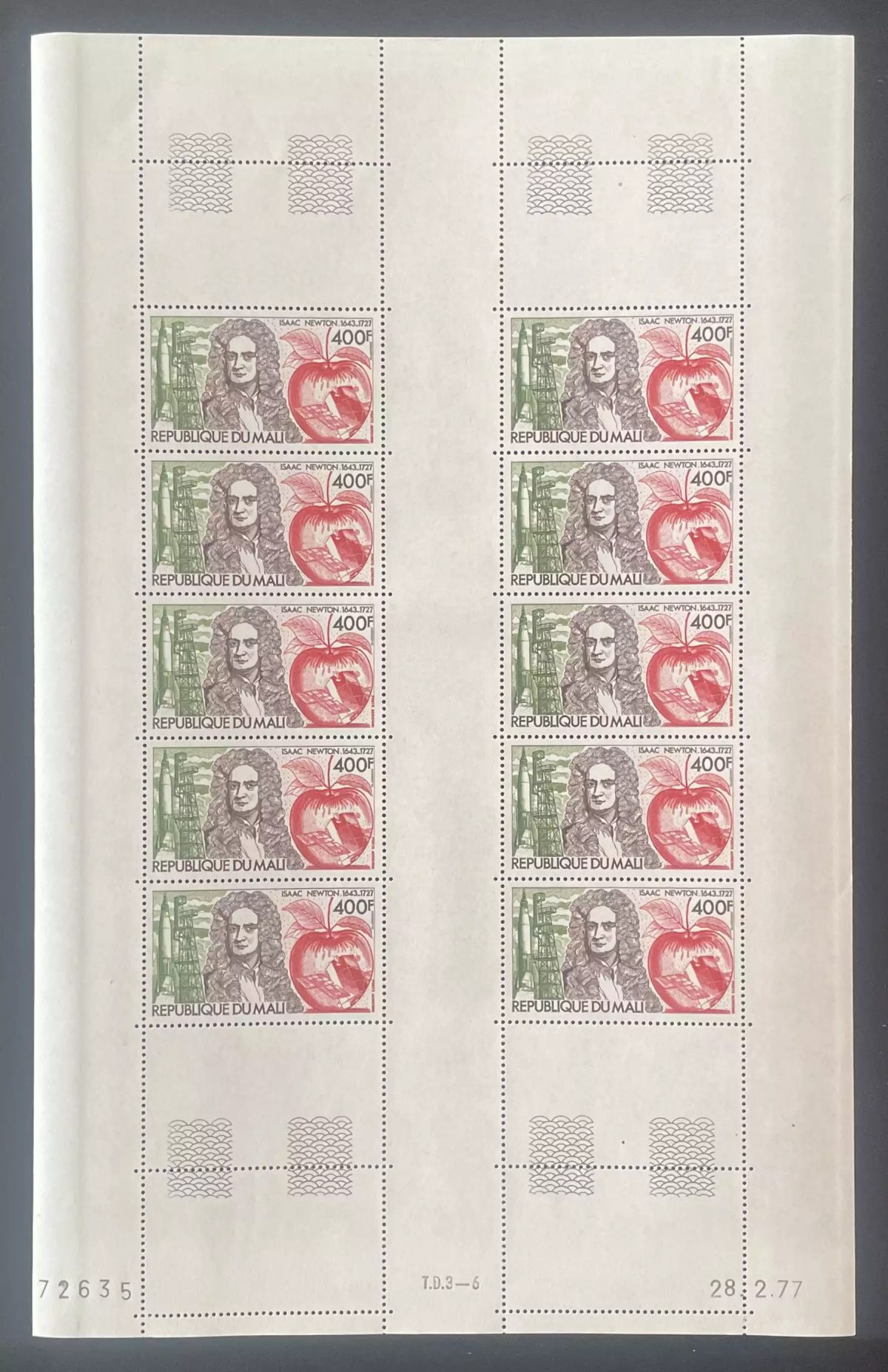 Mali 1977 YT PA 292 planche Isaac Newton pomme gravitation science