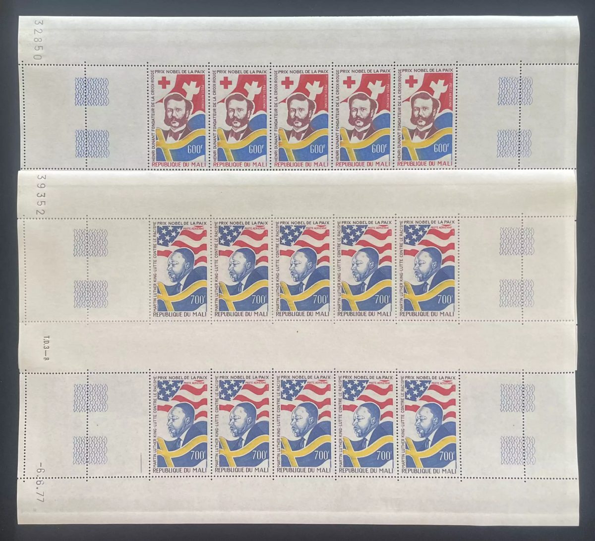Mali 1977 YT PA 305-306 planche Nobel Paix Dunant Luther King