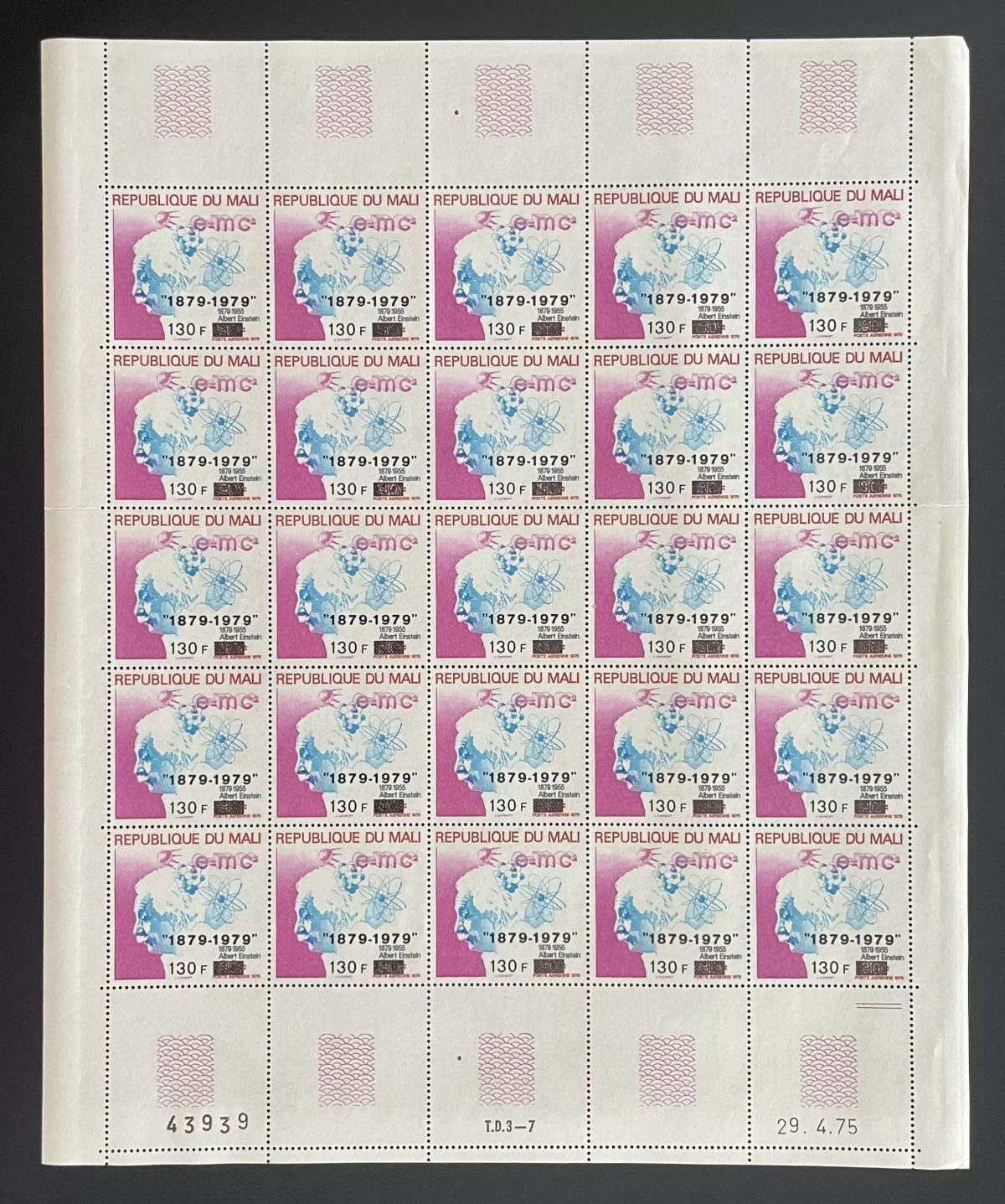 Mali 1979 YT PA 356 planche surchargé Albert Einstein science E=mc2 centenaire