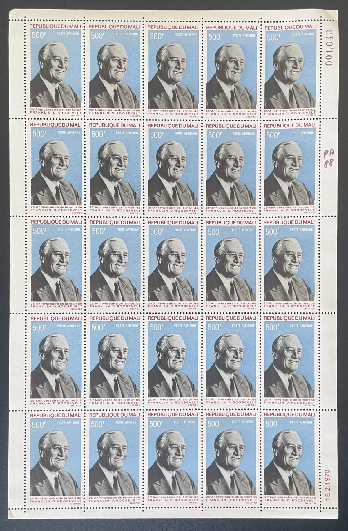 Mali 1970 YT PA 88 planche Franklin Roosevelt président USA