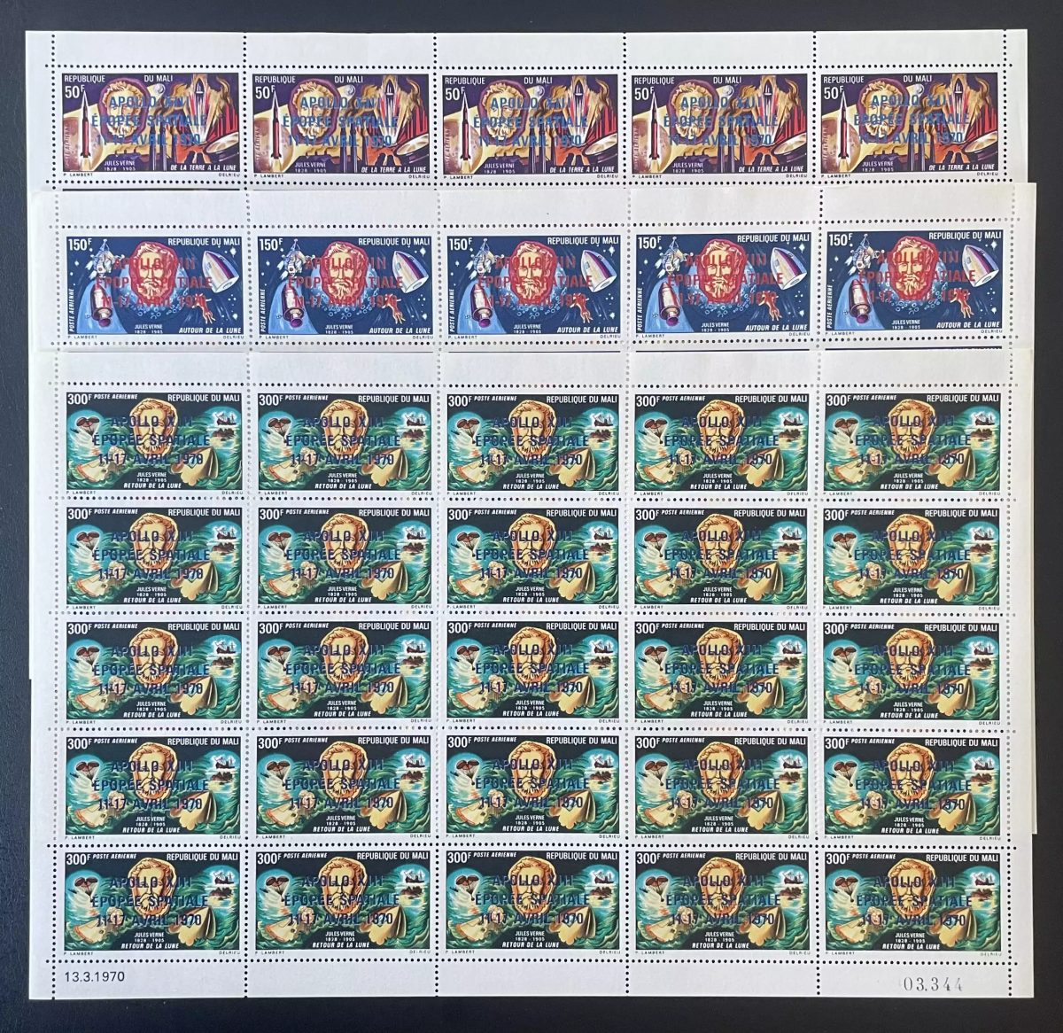 Mali 1970 YT PA 97-99 Bogen Aufdruck Apollo XIII Jules Verne Mond