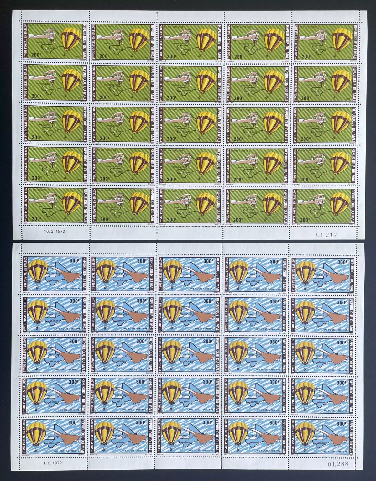 Mali 1972 YT PA 170-171 planche vol postal ballon montgolfière carte