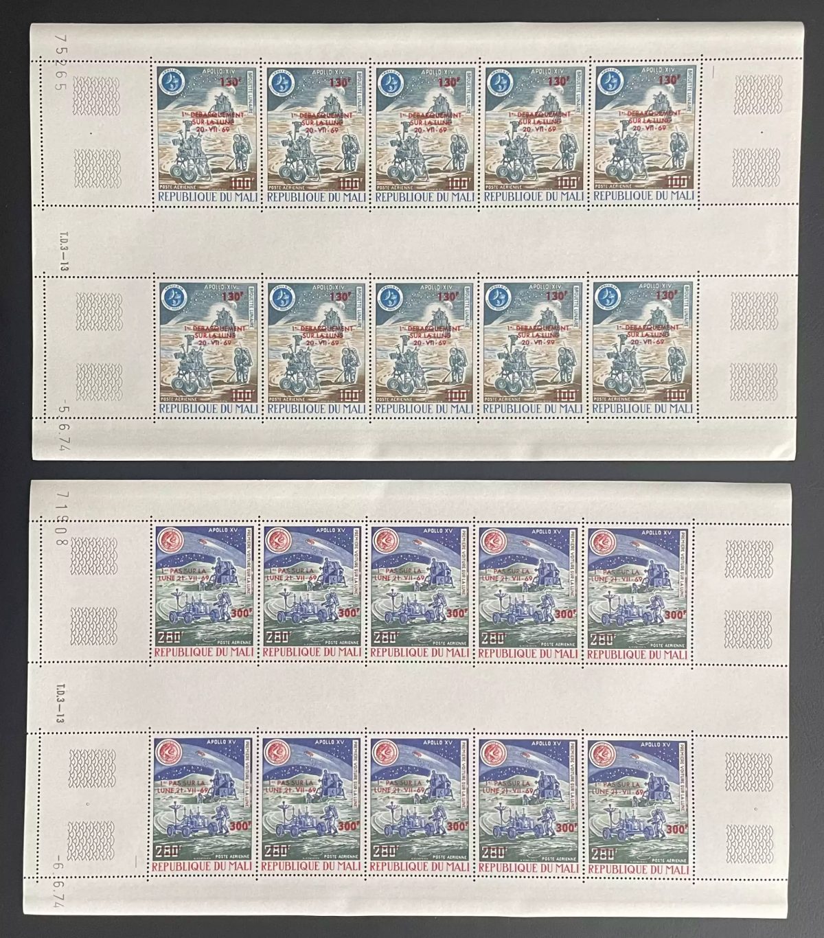 Mali 1974 YT PA 220-221 planche Apollo XIV XV surchargé espace Lune