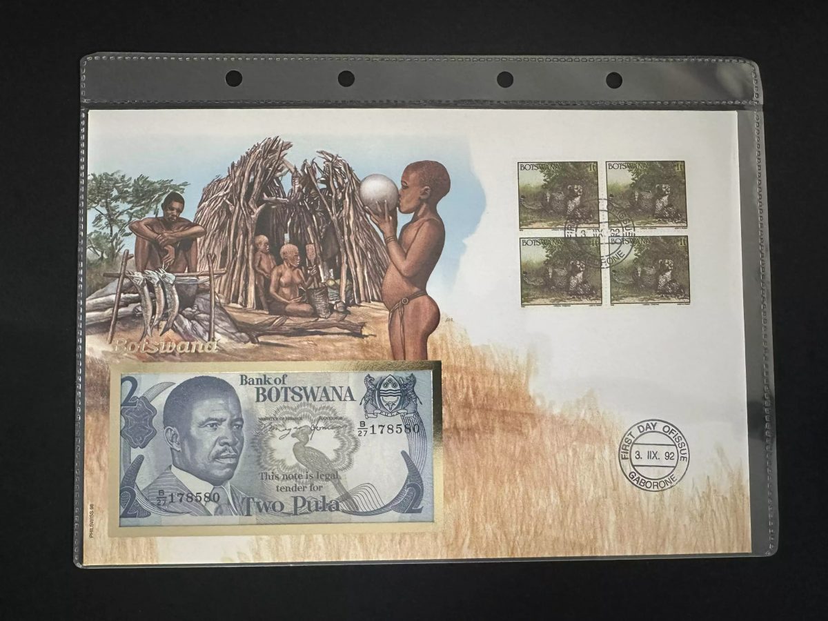 Botswana enveloppe numismatique FDC billet 2 Pula timbres bloc 1992
