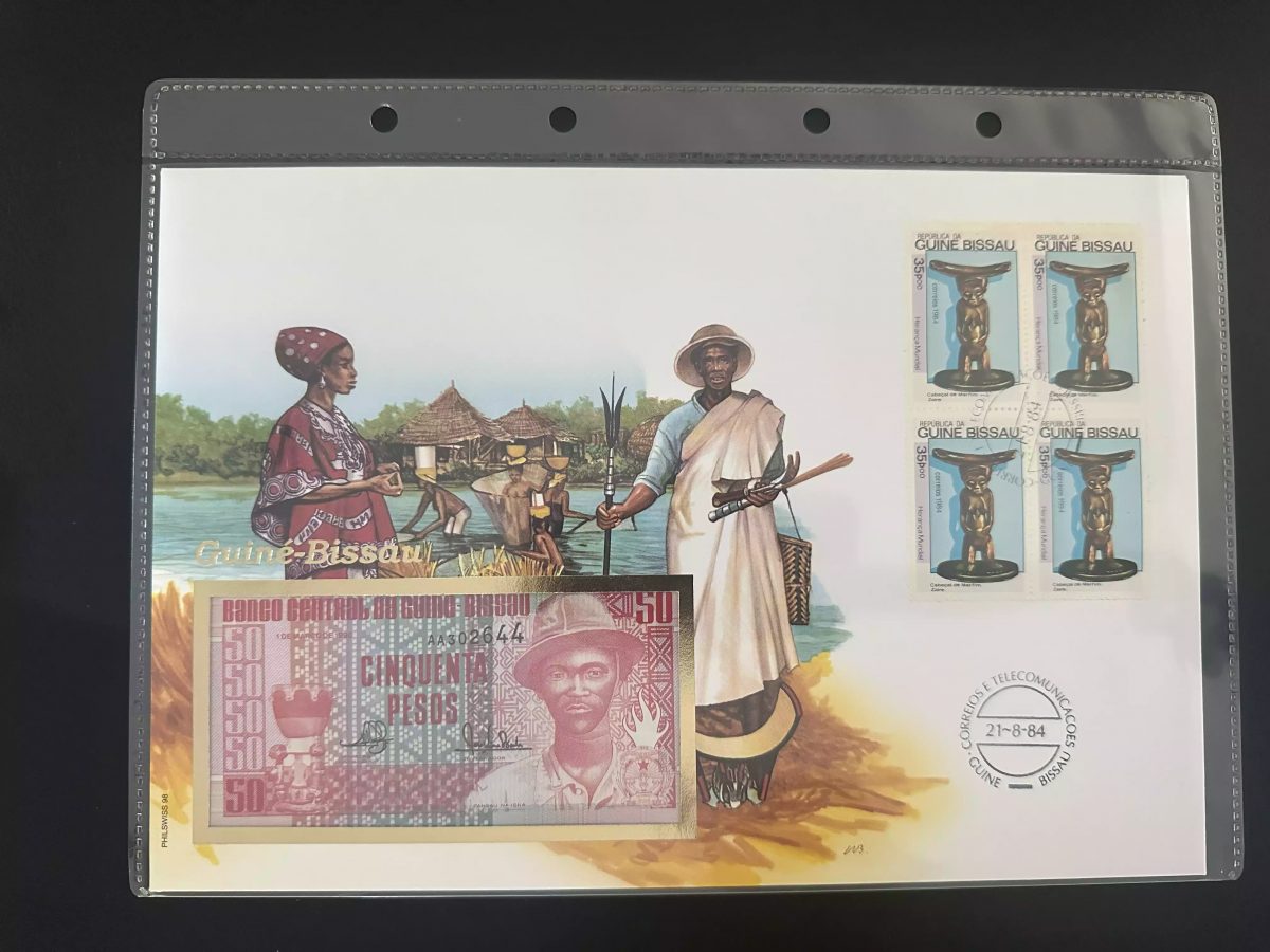 Guiné-Bissau 1984 enveloppe numismatique billet 50 pesos timbres art