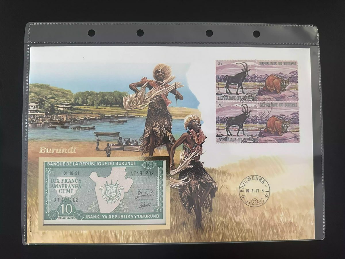 Burundi numismatic cover fauna stamps 10 francs banknote 1991