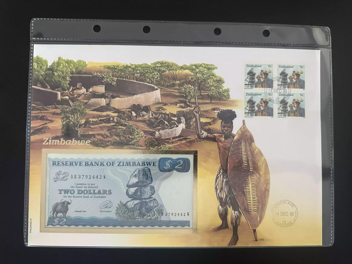 Zimbabwe enveloppe numismatique billet 2 dollars timbres 5c 1996