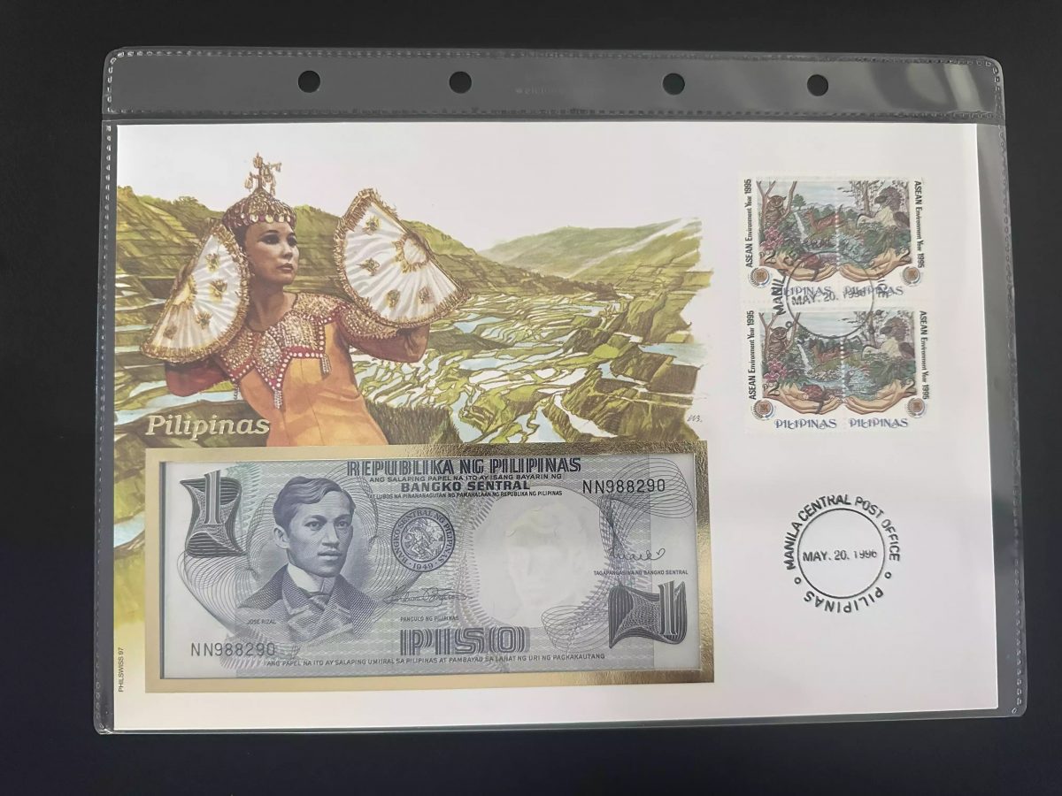 Philippines enveloppe numismatique 1 Piso timbres ASEAN 1996 Manila