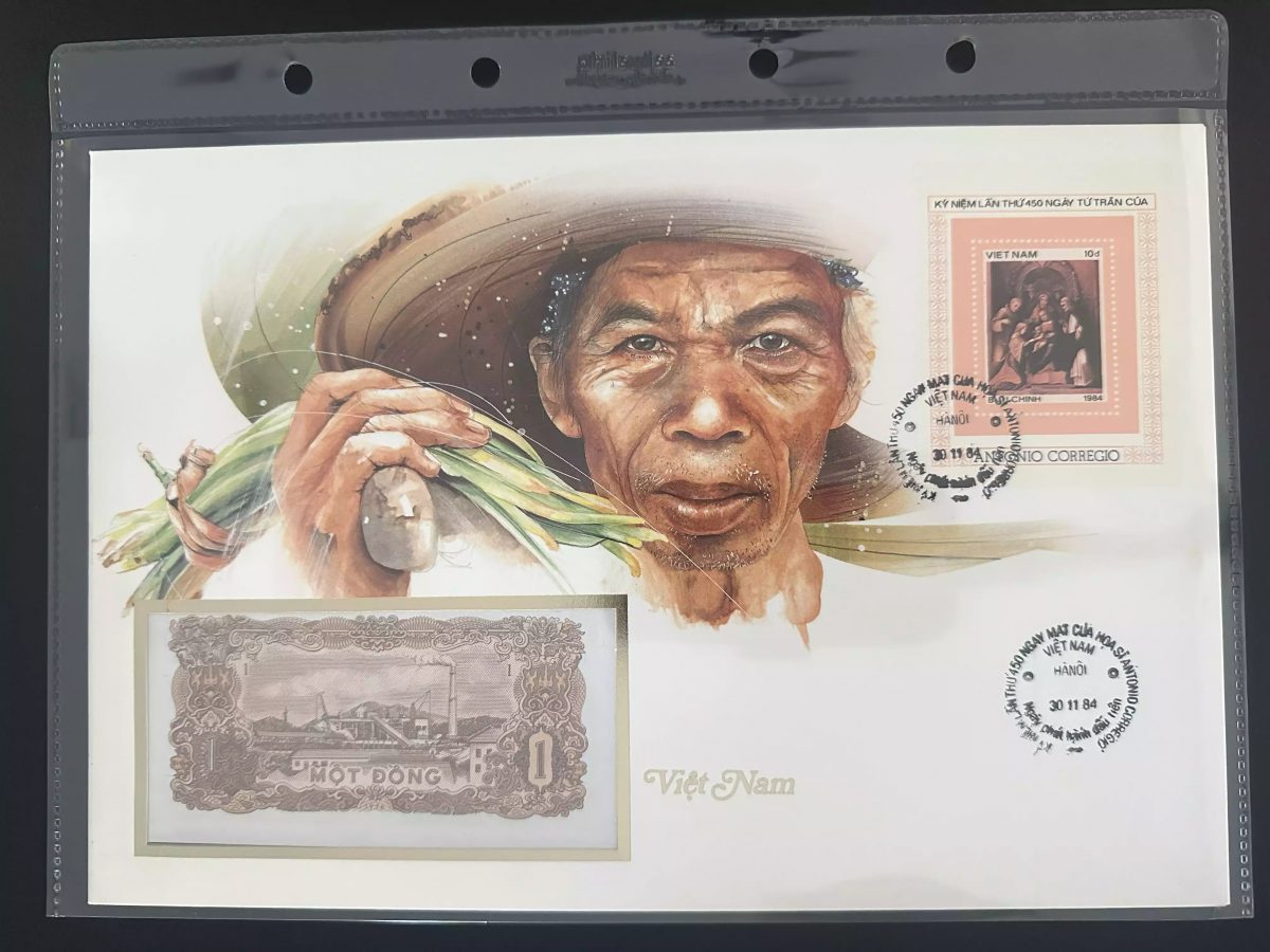 Vietnam 1984 enveloppe numismatique billet 1 Dong bloc Corregio