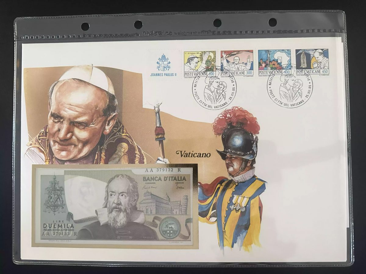 Vatikan 1985 Numismatischer Umschlag Johannes Paul II 2000 Lire Schein