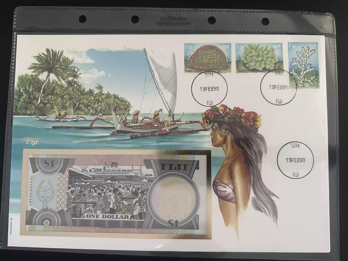 Fiji 1990 enveloppe numismatique billet 1 dollar timbres coraux Suva