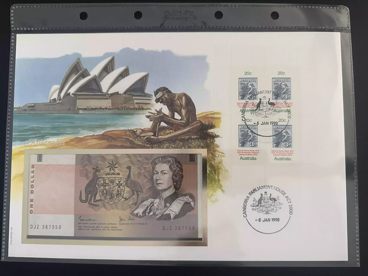 Australie enveloppe numismatique 1 Dollar billet timbres 20c 1990