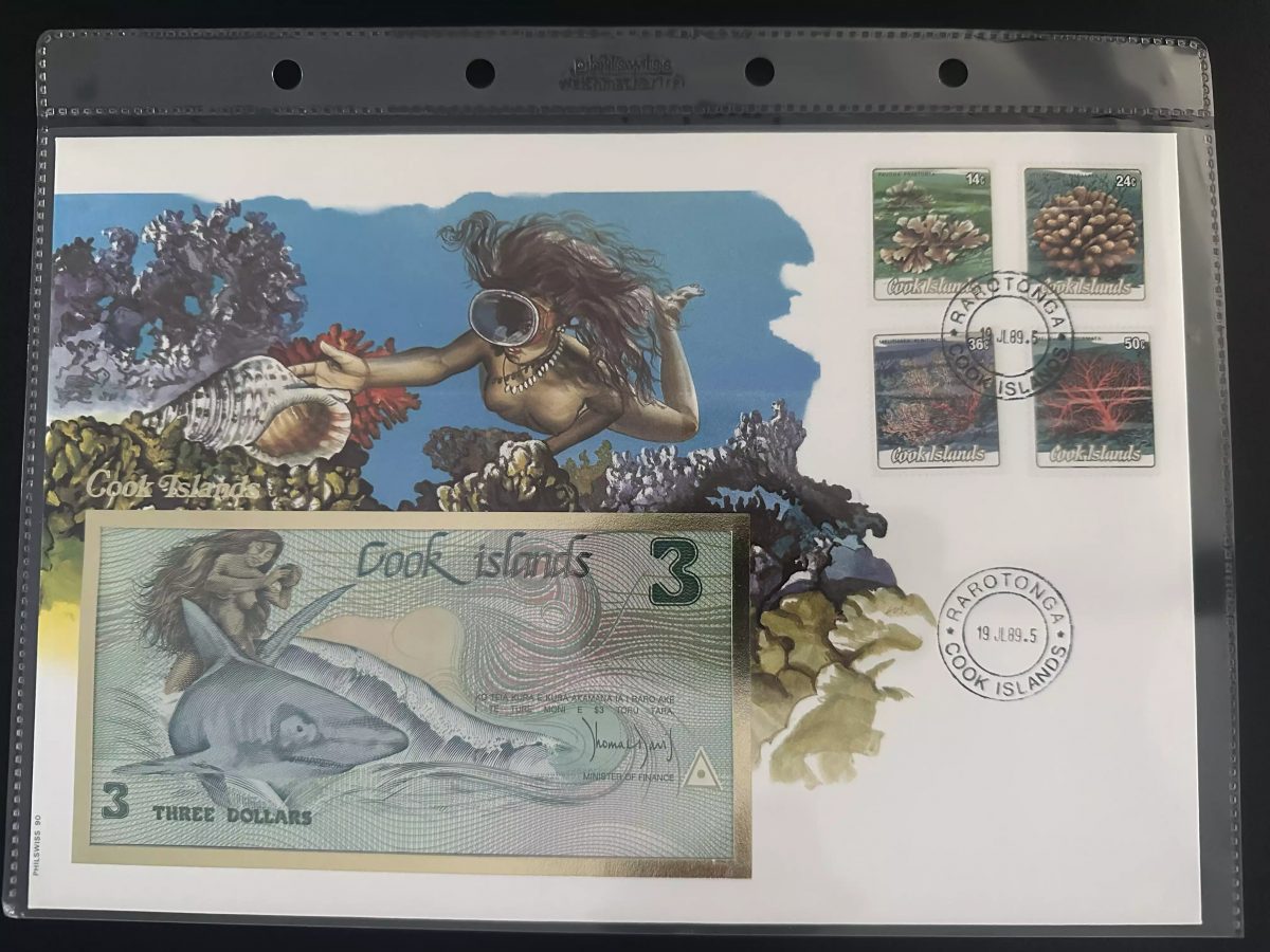 Cook Islands 1989 Numismatischer Umschlag 3 Dollar Korallen