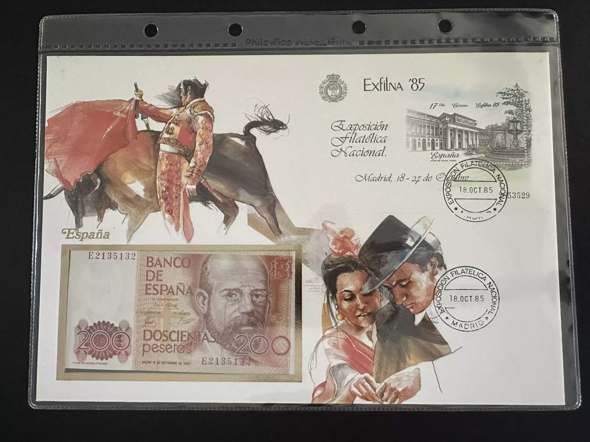 Espagne Exfilna 85 Madrid enveloppe philatélique billet 200 pesetas