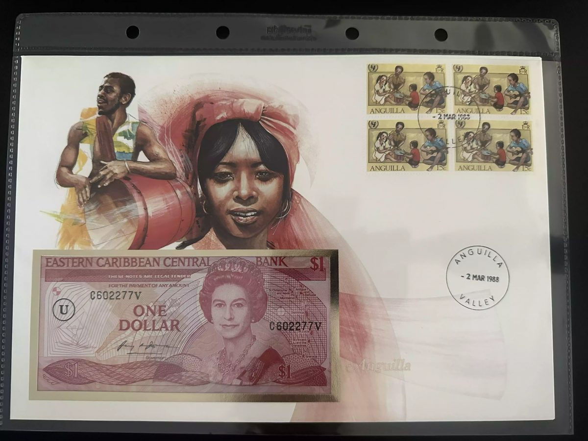 Anguilla 1988 enveloppe numismatique billet 1 dollar Caribbean